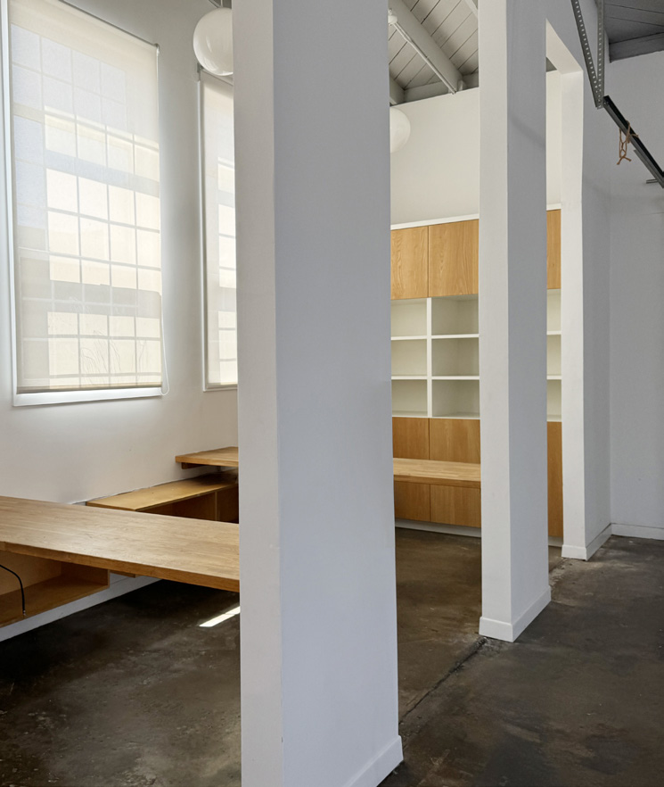 Studio seating and built-in shelving